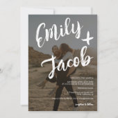 Moderne penseelnamen 2 foto's qr code bruiloft kaart (Voorkant)