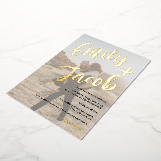 Moderne penseelnamen script witte foto's bruiloft folie uitnodiging (Gedraaid)