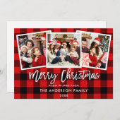 Moderne penseelscript 3 foto-kerstrood geplakt feestdagenkaart (Voorkant / Achterkant)