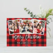 Moderne penseelscript 3 foto-kerstrood geplakt feestdagenkaart (Staand voorkant)