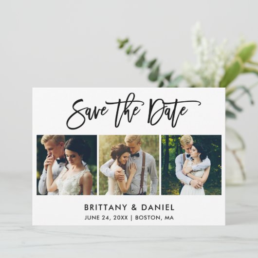 Moderne penseelscript 3 Foto Save The Date (Staand voorkant)