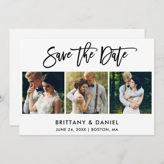 Moderne penseelscript 3 Foto Save The Date (Voorkant / Achterkant)
