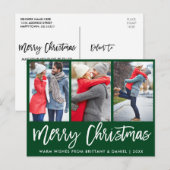 Moderne penseelscript 3 Fotopaar kerstgroen Briefkaart (Voorkant / Achterkant)