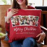 Moderne penseelscript 3 Kerstrood met foto's Kussen<br><div class="desc">Moderne penseelscript 3 Fotoliefkerrode kerst</div>