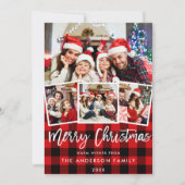 Moderne penseelscript 4-foto-kerstrood geplakt feestdagenkaart (Voorkant)