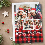 Moderne penseelscript 4-foto-kerstrood geplakt feestdagenkaart<br><div class="desc">Modern penseelscript 4 Foto voor prettige kerst - Red Pset</div>