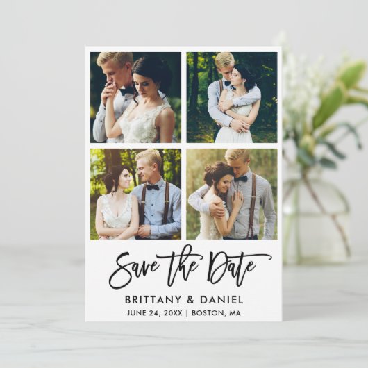 Moderne penseelscript 4 Foto Save The Date (Staand voorkant)