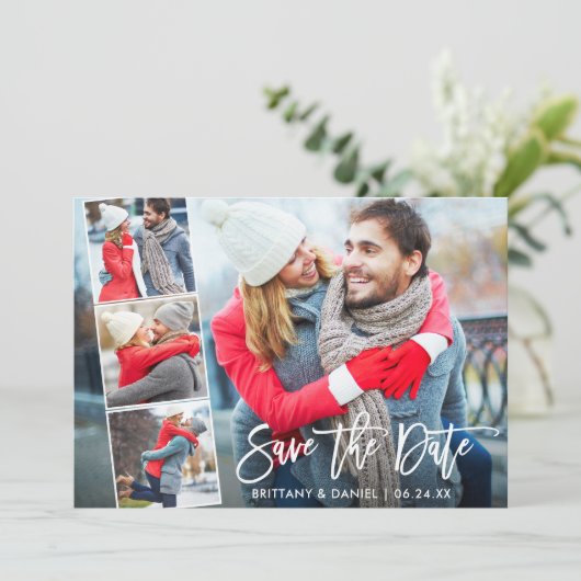 Moderne penseelscript 4 Foto Save The Date (Staand voorkant)