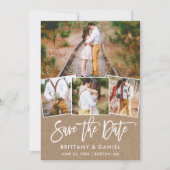 Moderne penseelscript 4 Fotocollage Kraft Save The Date (Voorkant)