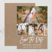 Moderne penseelscript 4 Fotocollage Kraft Save The Date (Voorkant / Achterkant)