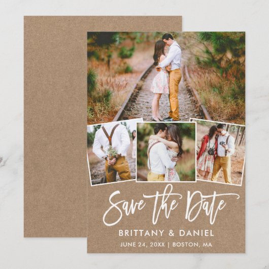 Moderne penseelscript 4 Fotocollage Kraft Save The Date (Voorkant / Achterkant)