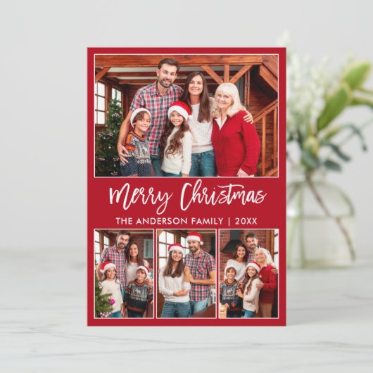 Moderne penseelscript 4 Foto's Merry-Kerstrood Feestdagenkaart (Staand voorkant)