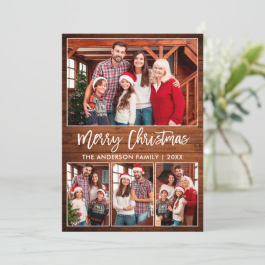 Moderne penseelscript 4 Foto's Wood Kerst Feestdagenkaart (Staand voorkant)