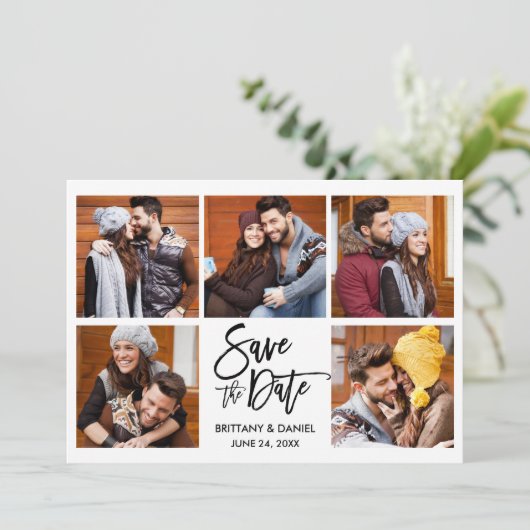 Moderne penseelscript 5 Foto Save The Date (Staand voorkant)