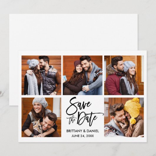 Moderne penseelscript 5 Foto Save The Date (Voorkant / Achterkant)