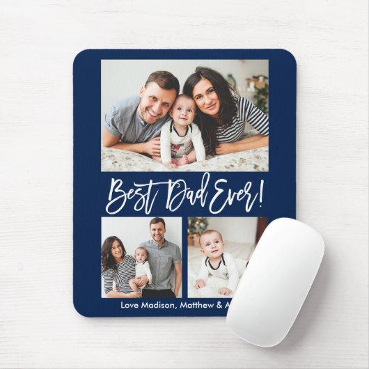 Moderne penseelscript Beste pap ooit 3 Foto's blau Muismat (Met muis)