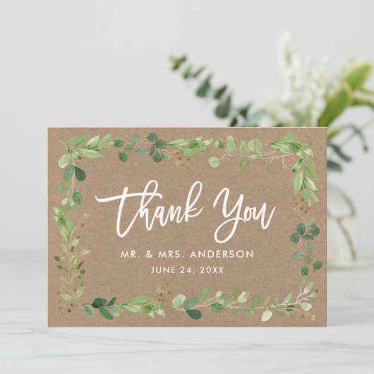 Moderne penseelscript Eucalyptus Kraft Bedankkaart (Staand voorkant)