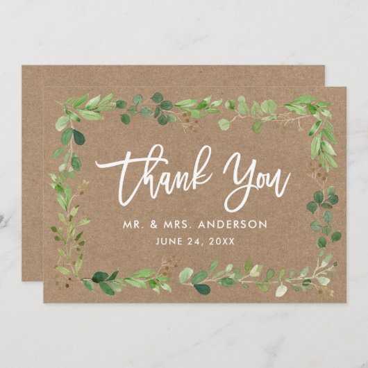 Moderne penseelscript Eucalyptus Kraft Bedankkaart (Voorkant / Achterkant)