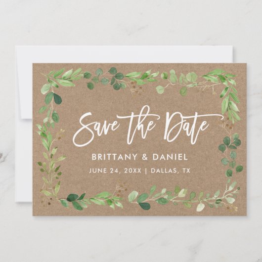 Moderne penseelscript Eucalyptus Kraft Save The Date (Voorkant)