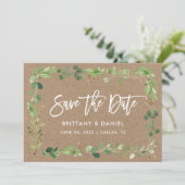 Moderne penseelscript Eucalyptus Kraft Save The Date (Staand voorkant)