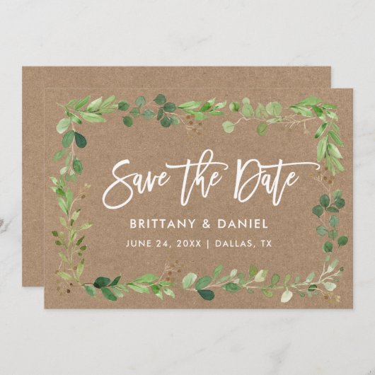 Moderne penseelscript Eucalyptus Kraft Save The Date (Voorkant / Achterkant)