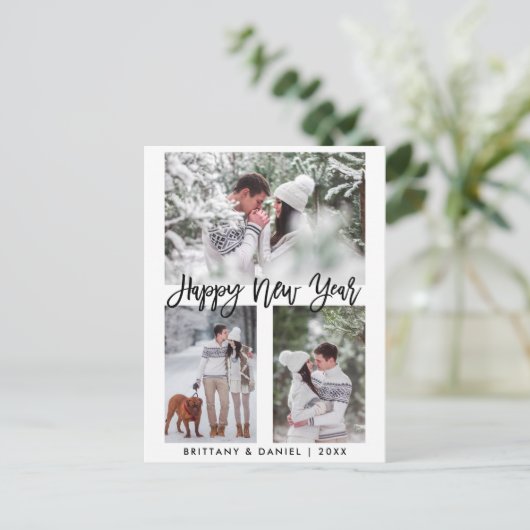 Moderne Penseelscript gelukkig nieuwjaar 3 Fotovak Briefkaart (Staand voorkant)