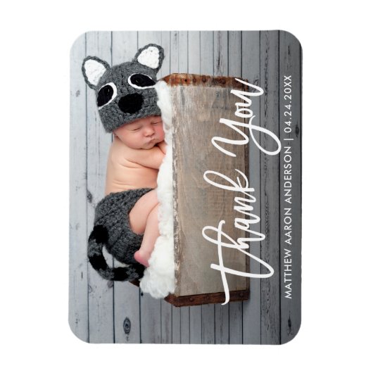 Moderne penseelscript nieuwe baby bedankt wat magneet (Verticaal)