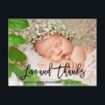 Moderne penseelscript nieuwe babyliefde en Bedankt Aankondigingskaart<br><div class="desc">Modern Black Brush Script New Baby Love and Bedankt - Dank u het Briefkaart van de Foto</div>