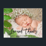Moderne penseelscript nieuwe babyliefde en Bedankt Aankondigingskaart<br><div class="desc">Modern Black Brush Script New Baby Love and Bedankt - Dank u het Briefkaart van de Foto</div>