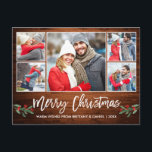 Moderne penseelslede 5 Fotopretkerst Briefkaart<br><div class="desc">Moderne penseelscript 5 Photo Couple Photo Collage Merry Kerstmis Briefkaart bevat Waterverf Kerstmis Holly Berries - Rustisch landhout</div>