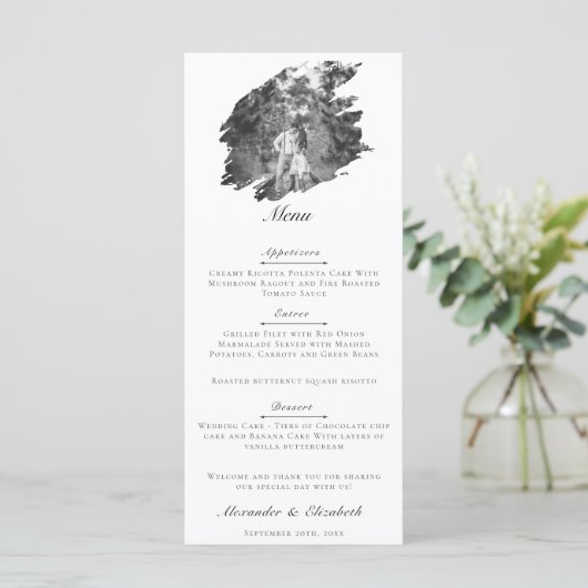 Moderne penseelstreek foto bruiloft | Wit Menu (Staand voorkant)