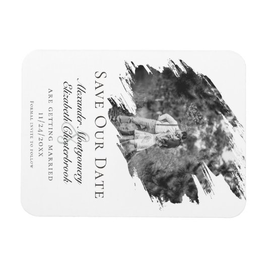 Moderne penseelstreekfoto De datum opslaan | Wit Magneet (Horizontaal)