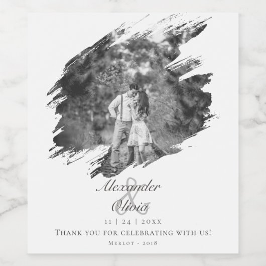 Moderne penseelstreekfoto | Witte bruiloft Wijn Etiket (Enkel label)