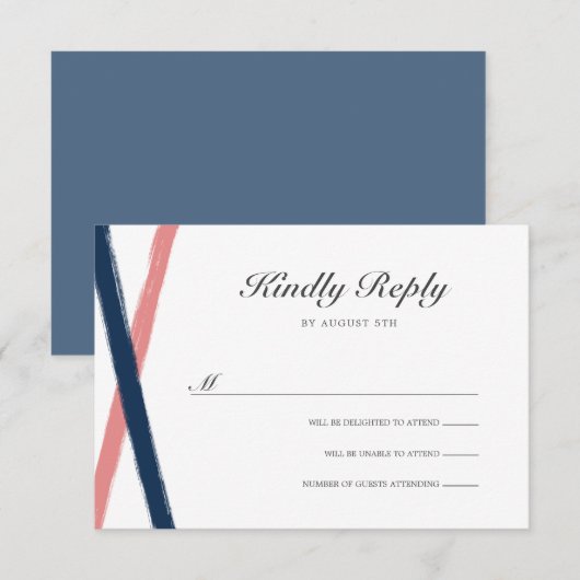 Moderne penseelstreken bruiloft RSVP | Navy Coral Kaartje (Voorkant / Achterkant)