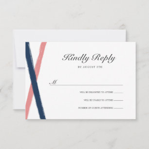 Moderne penseelstreken bruiloft RSVP   Navy Coral Kaartje