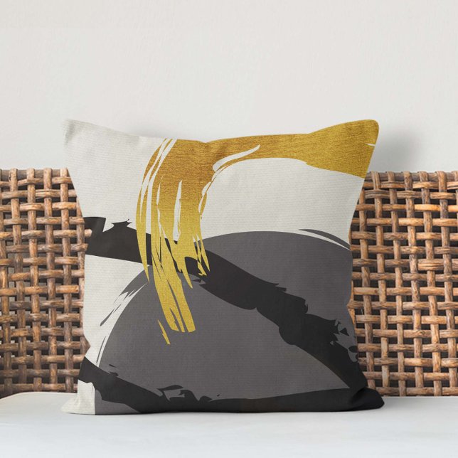 Moderne penseelstreken - Goud, Grijs & Zwart Kussen (Creator heeft geüpload)