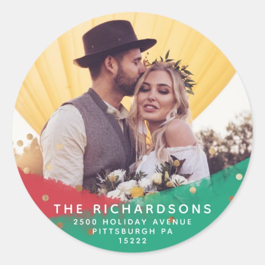 Moderne penseelstreken | Kerstadres en foto Ronde Sticker (Voorkant)