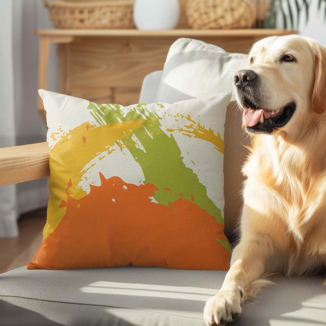 Moderne penseelstreken - Oranje, groen en geel Kussen (Creator heeft geüpload)