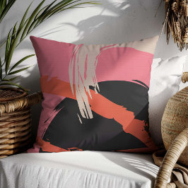 Moderne penseelstreken - Roze, perzik en zwart op Kussen