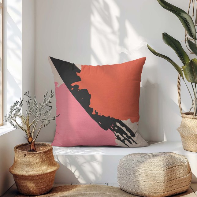 Moderne penseelstreken - Roze, Perzik & Zwart op B Kussen (Creator heeft geüpload)