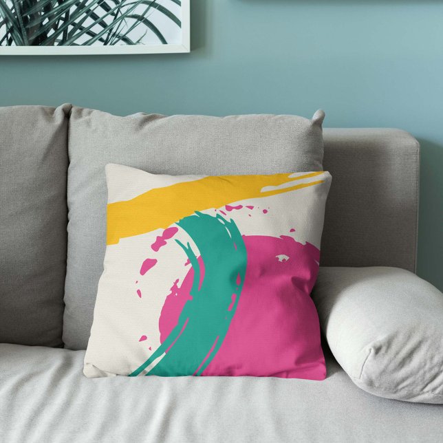 Moderne penseelstreken - Roze, Teal & Geel op Crèm Kussen (Creator heeft geüpload)