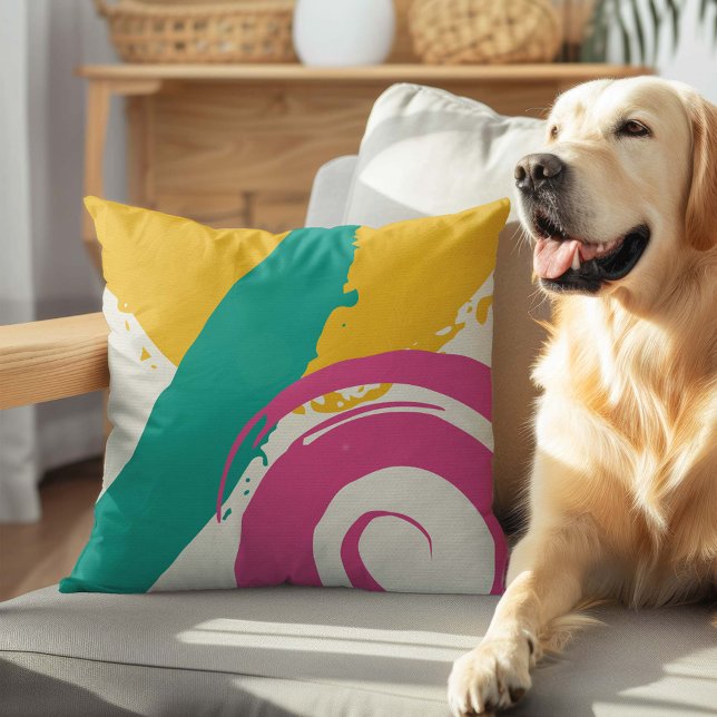 Moderne penseelstreken - Roze, Teal & Geel op Crèm Kussen (Creator heeft geüpload)