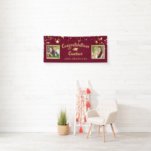 Moderne penseelstrips Maroon en gouden foto Spandoek (Insitu)