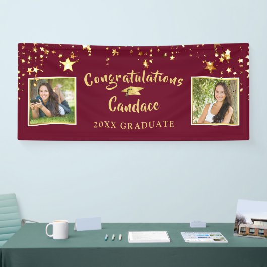 Moderne penseelstrips Maroon en gouden foto Spandoek (Beurs)