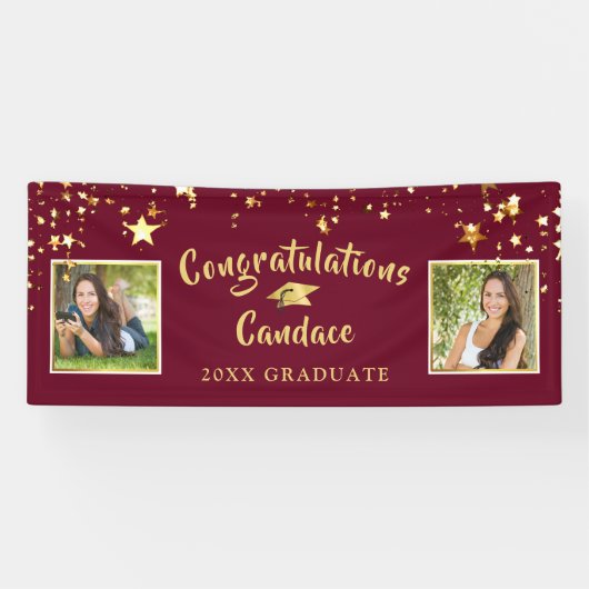 Moderne penseelstrips Maroon en gouden foto Spandoek (Horizontaal)
