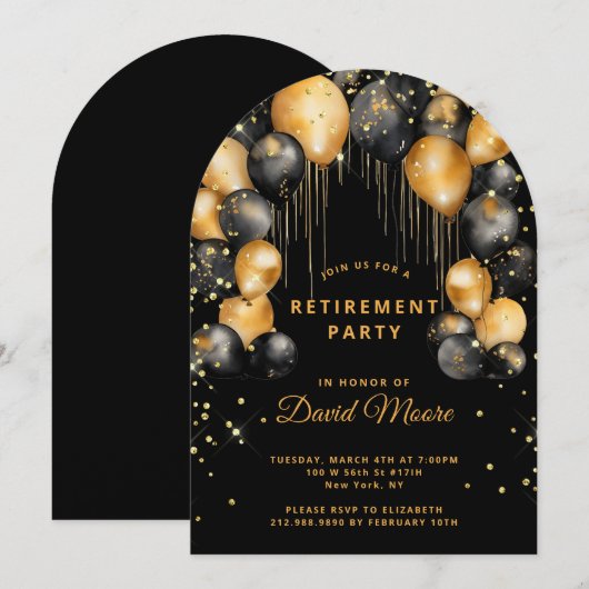 Moderne Pensioen Partij Zwart Goud Glitter Arch Kaart (Voorkant / Achterkant)