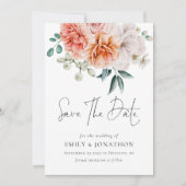 Moderne peonies koraal peach QR-code bruiloft Save The Date (Voorkant)