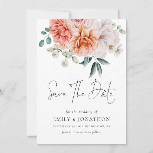 Moderne peonies koraal peach QR-code bruiloft Save The Date (Voorkant)