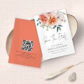 Moderne peonies koraal peach QR-code bruiloft Save The Date