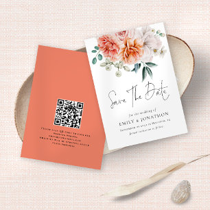 Moderne peonies koraal peach QR-code bruiloft Save The Date